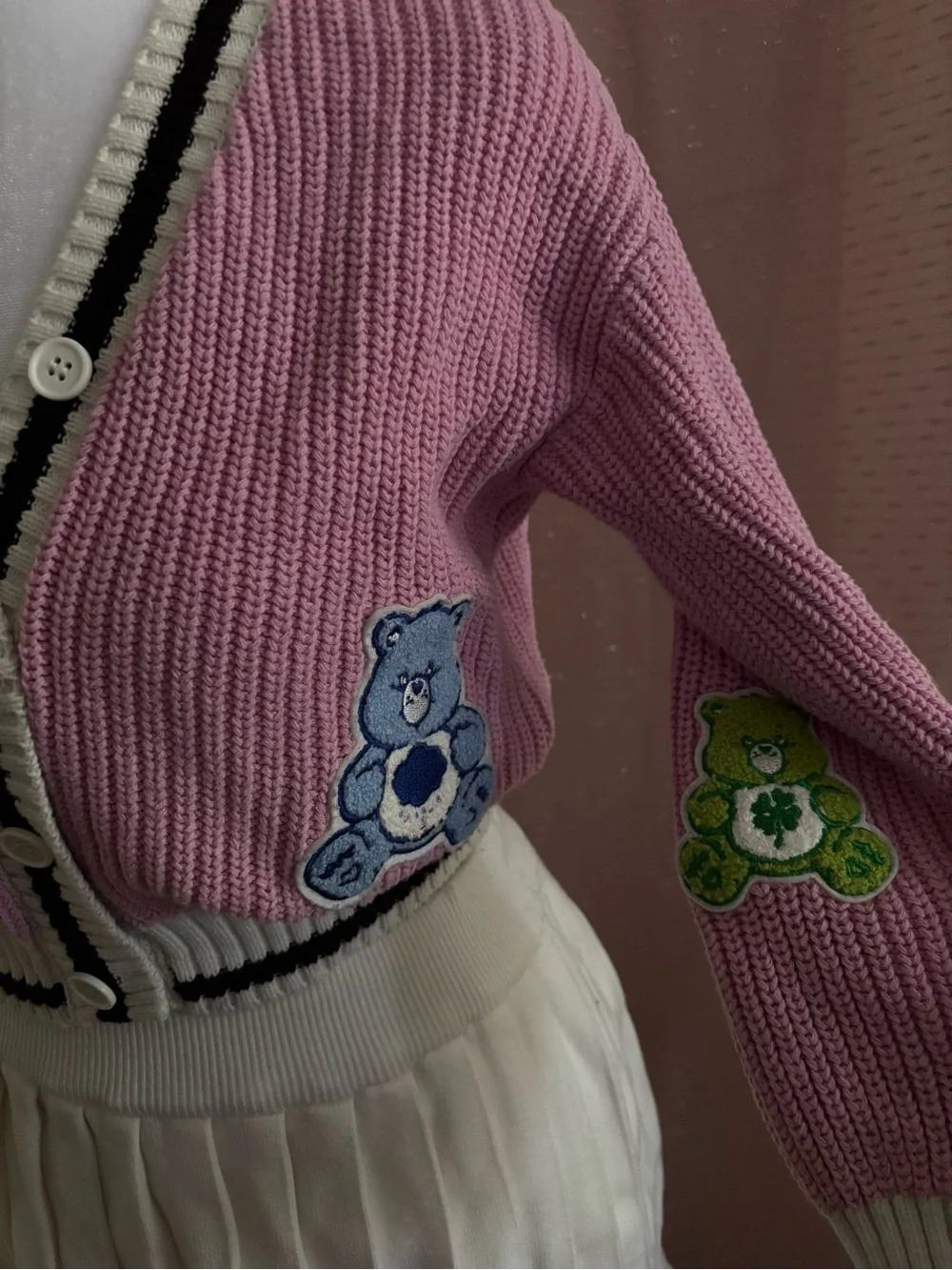 Care Bears Pink Heart Patch Knit Sweater with Rainbow Trim